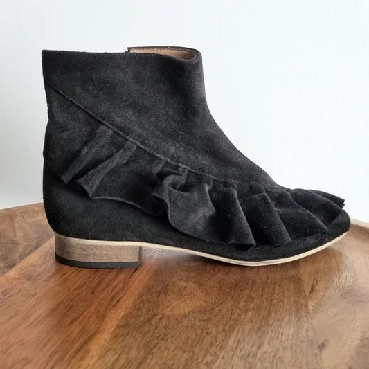 Anthropologie Ruffled Ankle Boots Suede Black Tan EU 36 US 6 NWT